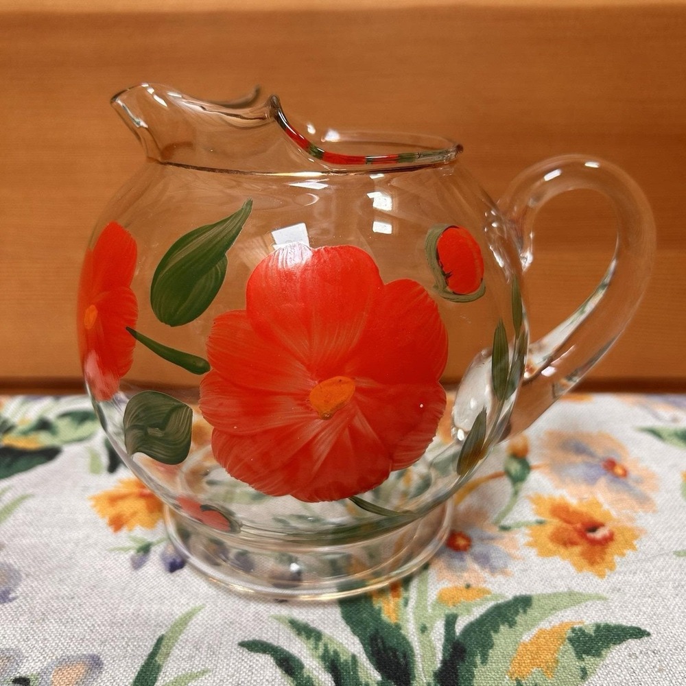 VTG 50s Dunbar Red Dogwood Handpainted Juice Beverage Glass Pitcher MCM Cottage